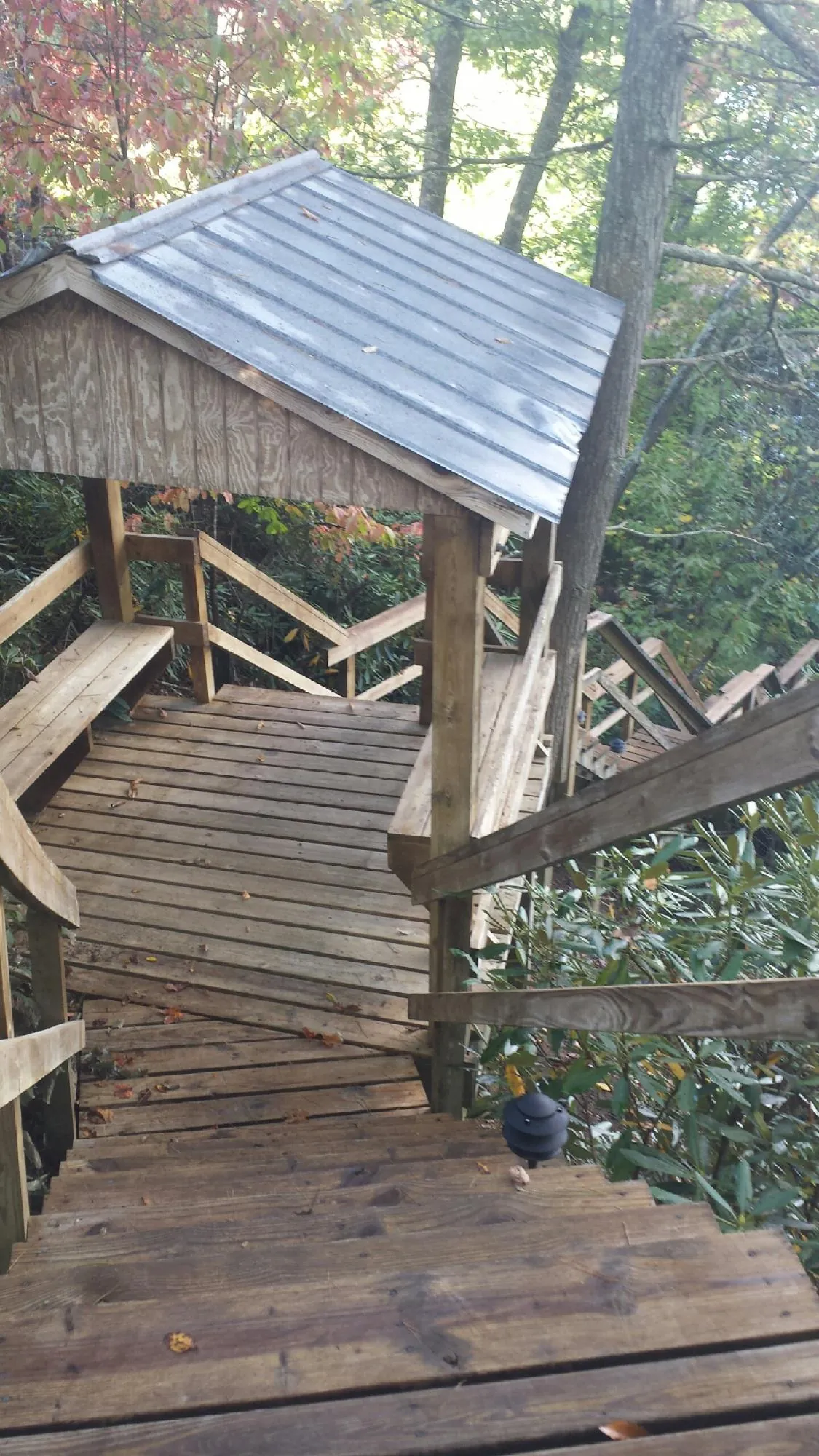 Metal roofed shelter over wooden steps on a wooded walkway — Skylight Repair & Installation work by our crew in Plain